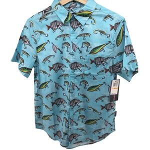 Psycho Tuna Mens Short Sleeve Button Up Shirt‎ Blue Lures Fish Print SM NWT